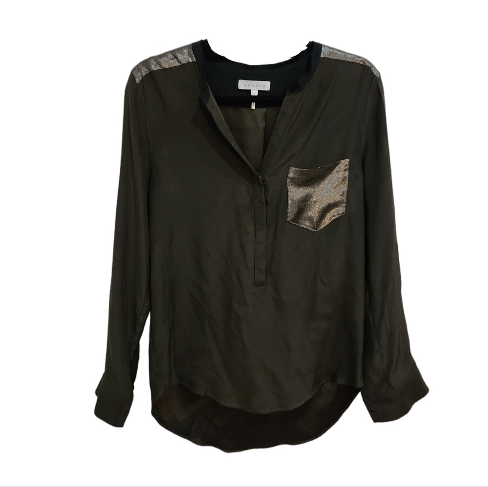 💜 SANDRO Paris Green Silk El Dorado Blouse E9105H